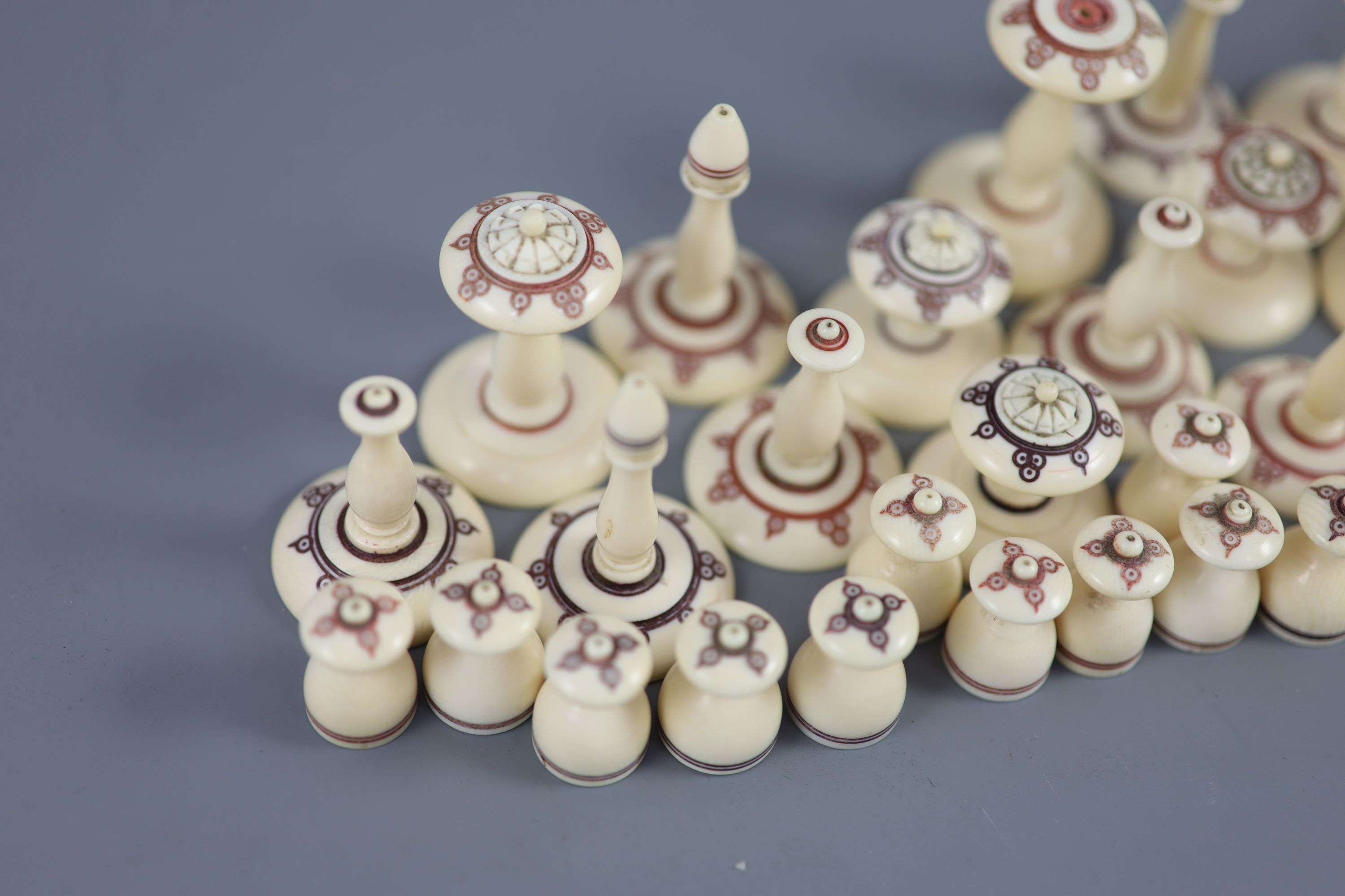 A 19th century Muslim ivory chess set, kings 2in.